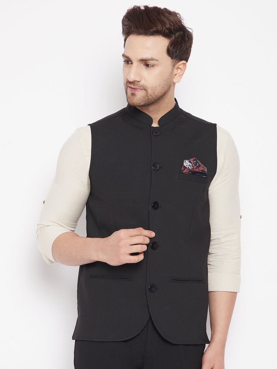 Men Even Apparels | Men'S Black Color Nehru Jacket-Contrast Lining-Inbuilt Pocket Square - Even Apparels