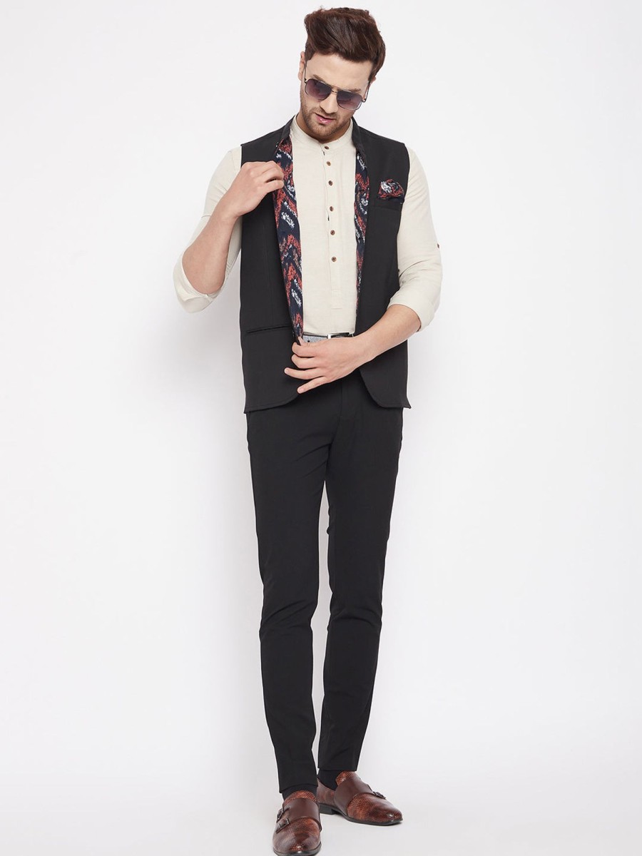 Men Even Apparels | Men'S Black Color Nehru Jacket-Contrast Lining-Inbuilt Pocket Square - Even Apparels