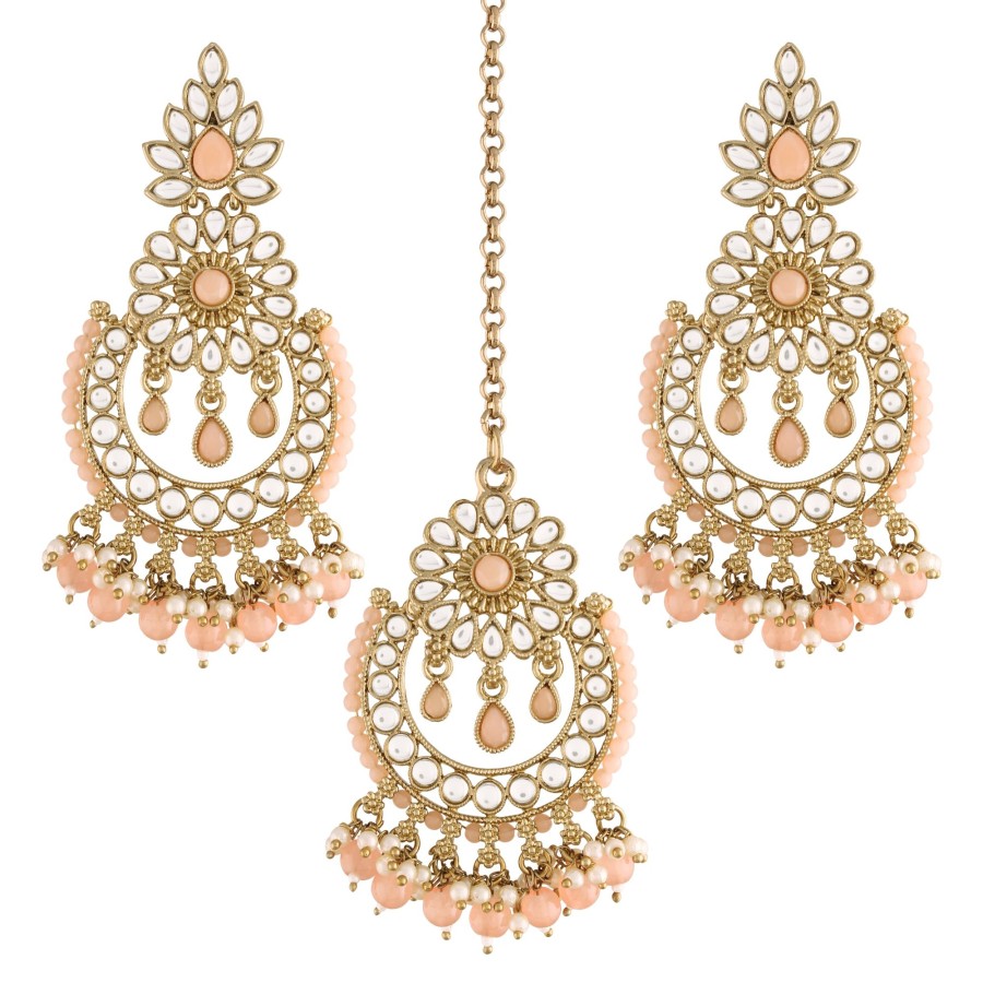 Jewellery I Jewels | Women'S 18K Gold Plated Handcrafted Earrings With Maang Tikka Encased With Faux Kundan U0026 Pearl - I Jewels