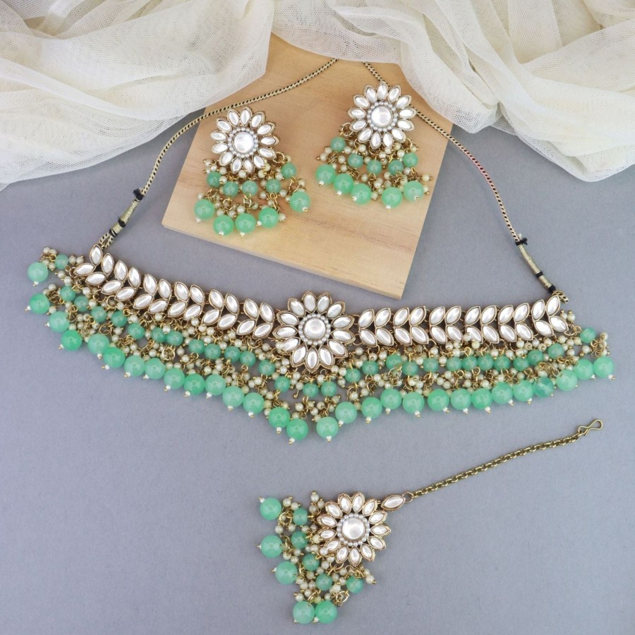 Jewellery I Jewels | Women'S 18K Gold Plated Traditional Kundan Studded Mint Pearl Hanging Choker Necklace Jewellery Set With Earrings U0026 Maang Tikka - I Jewels Green