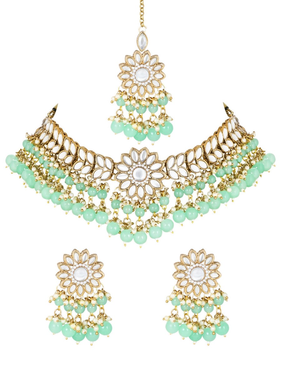 Jewellery I Jewels | Women'S 18K Gold Plated Traditional Kundan Studded Mint Pearl Hanging Choker Necklace Jewellery Set With Earrings U0026 Maang Tikka - I Jewels Green