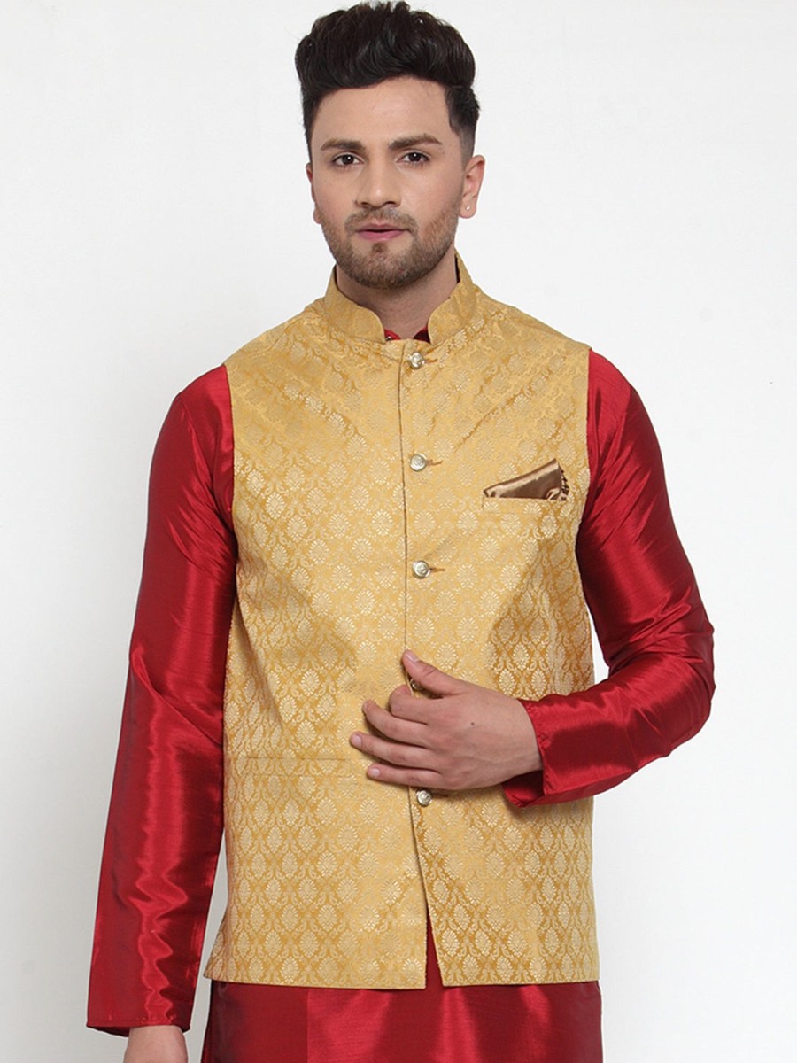 Men Virat Fashions | Men'S Gold Woven Jacquard Nehru Jacket ( Jowc 4005Golden ) - Virat Fashions