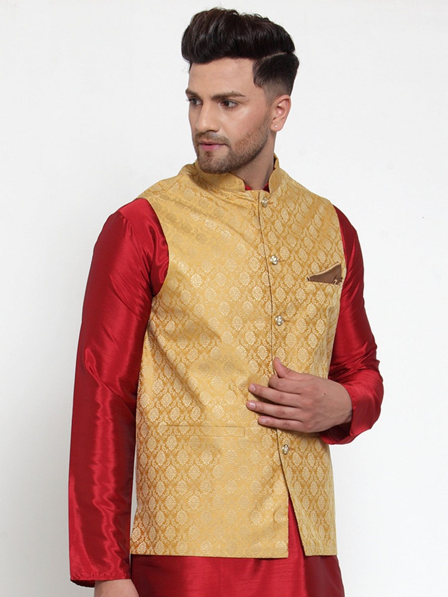 Men Virat Fashions | Men'S Gold Woven Jacquard Nehru Jacket ( Jowc 4005Golden ) - Virat Fashions