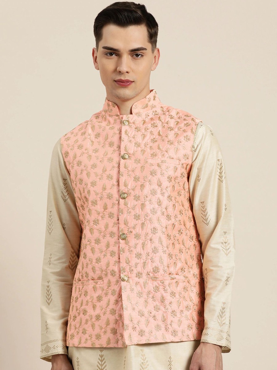 Men Sojanya | Men'S Silk Blend U0026 Gold Embroidered Only Nehrujacket - Sojanya Peach