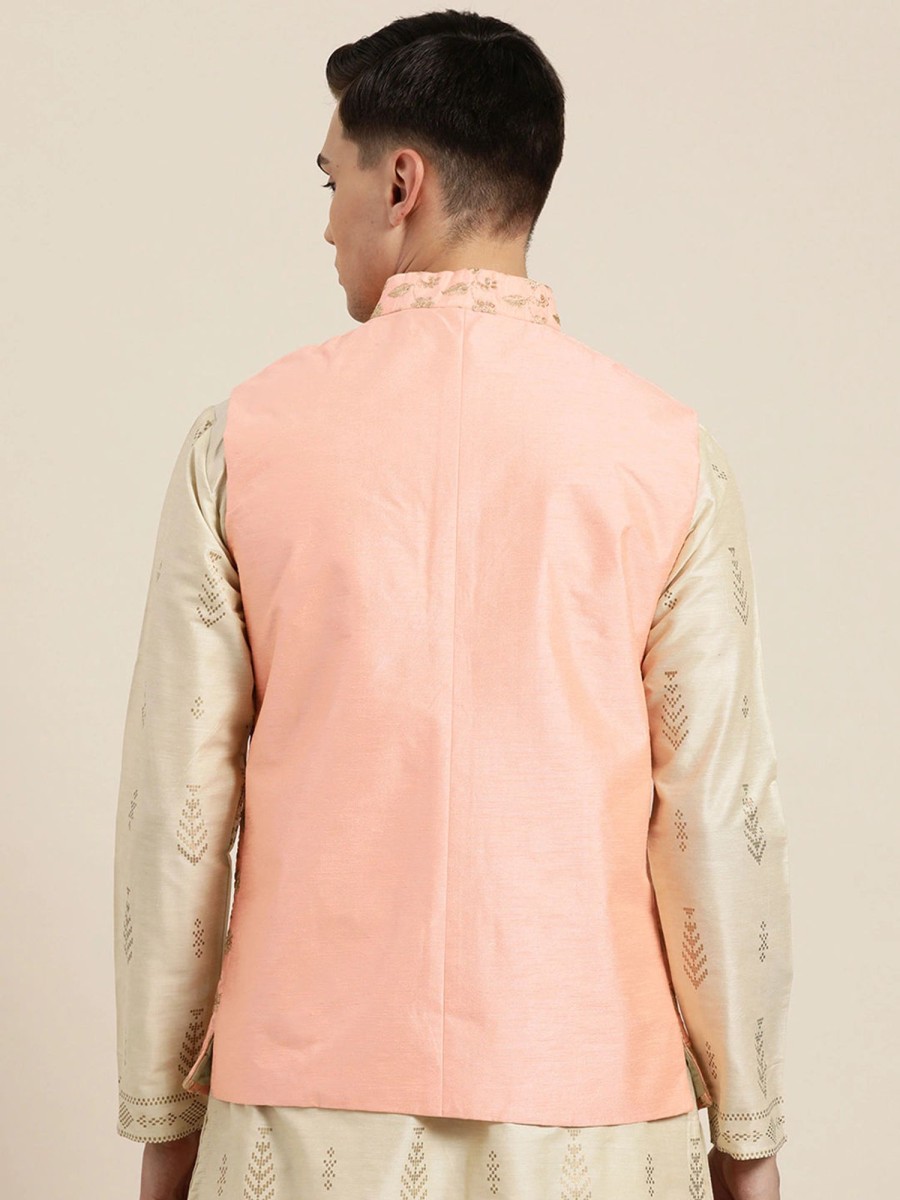 Men Sojanya | Men'S Silk Blend U0026 Gold Embroidered Only Nehrujacket - Sojanya Peach