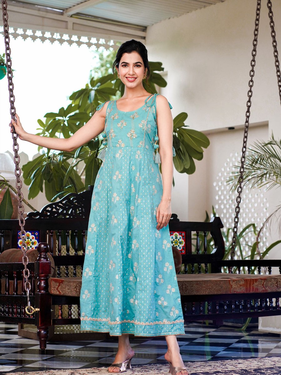 Women Yufta | Women'S Sea Strappy Anarkali Dress - Yufta Green