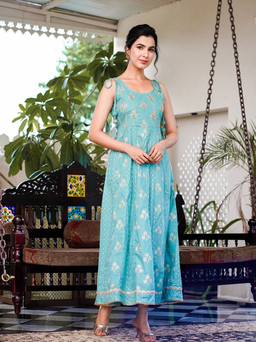 Women Yufta | Women'S Sea Strappy Anarkali Dress - Yufta Green