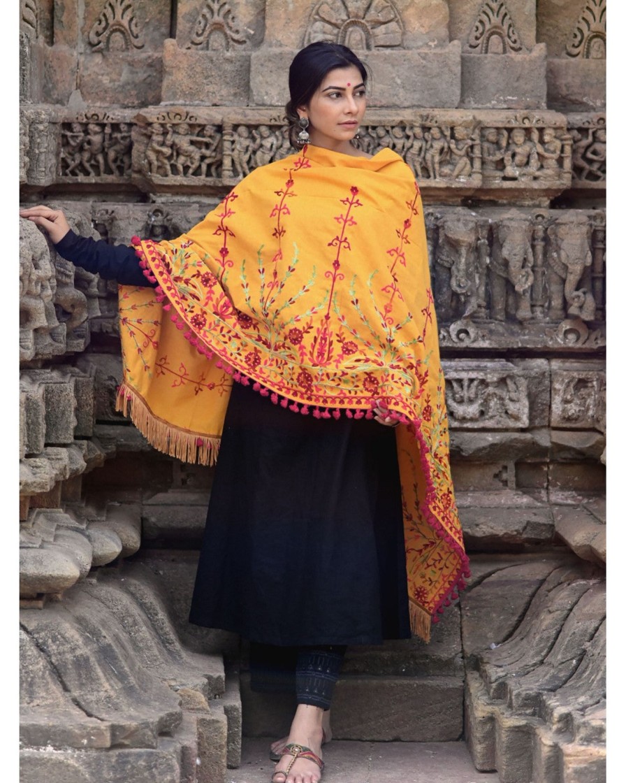 Women MESMORA FASHION | Women'S Mustard Floral Aari Embroidered Khadi Shawl/Dupatta With Wine Cotton Tassel Lace - Mesmora Fashion