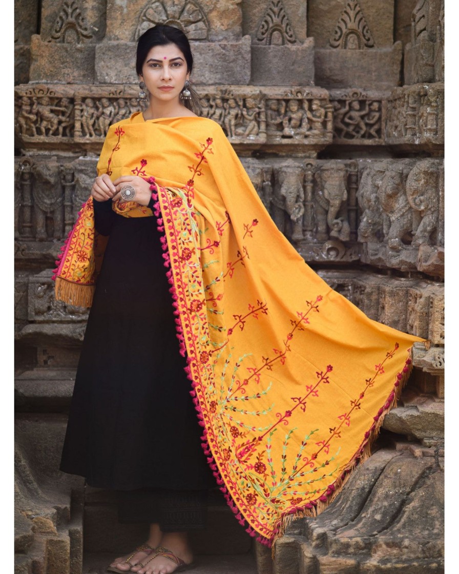 Women MESMORA FASHION | Women'S Mustard Floral Aari Embroidered Khadi Shawl/Dupatta With Wine Cotton Tassel Lace - Mesmora Fashion