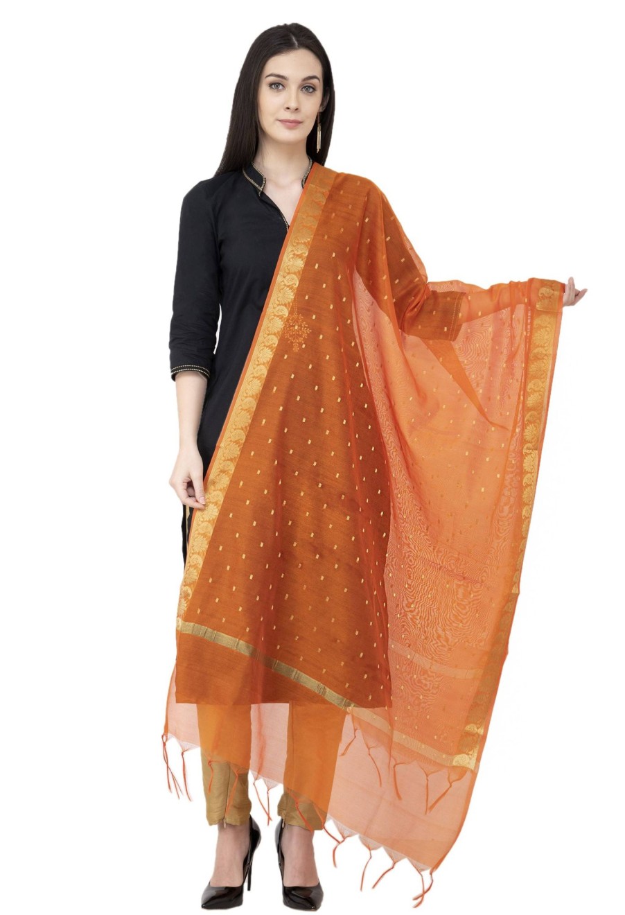 Women AR Silks | A R Silk Vns Border Buti Fancy Dupatta Color Dupatta Or Chunni Orange