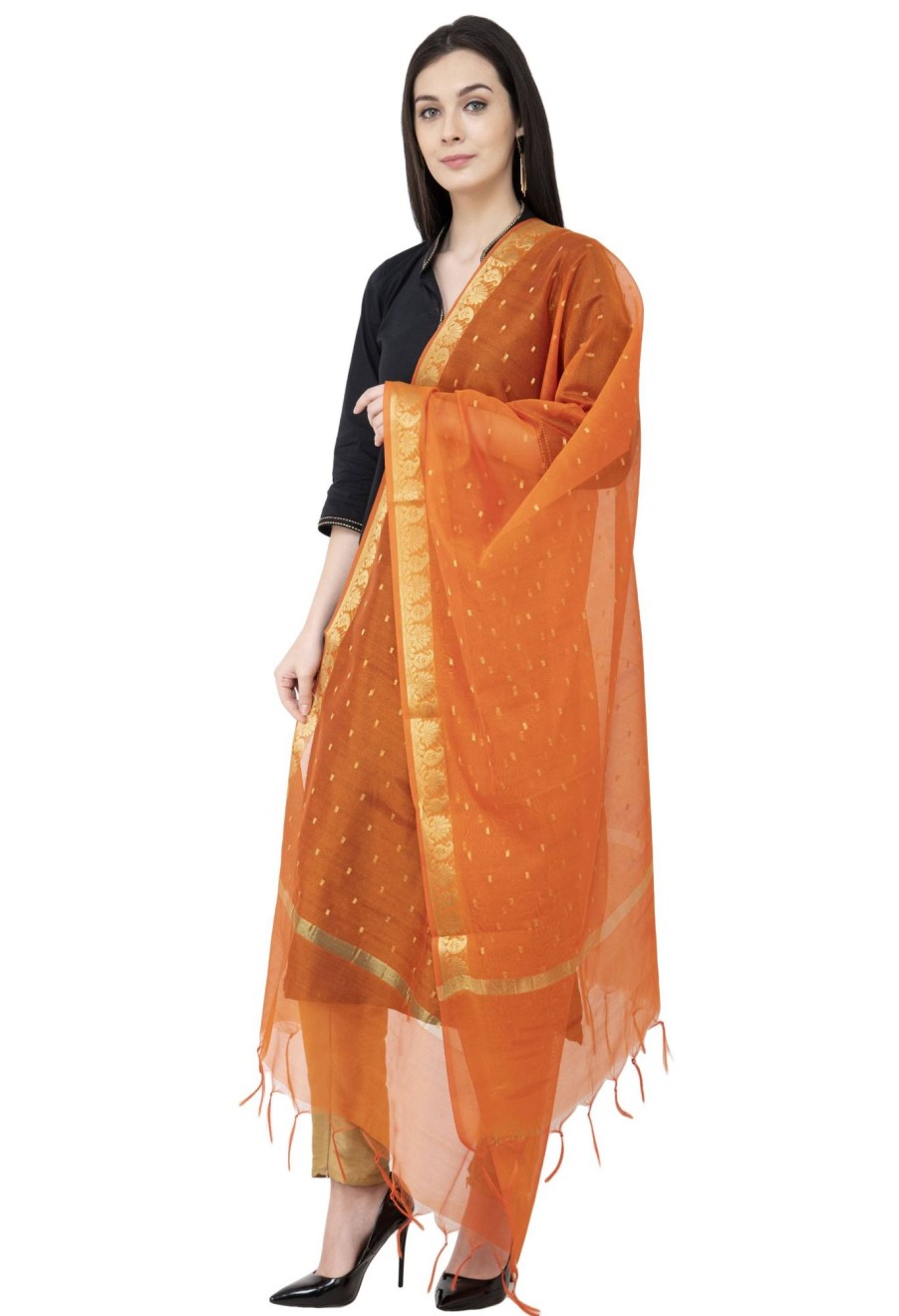 Women AR Silks | A R Silk Vns Border Buti Fancy Dupatta Color Dupatta Or Chunni Orange