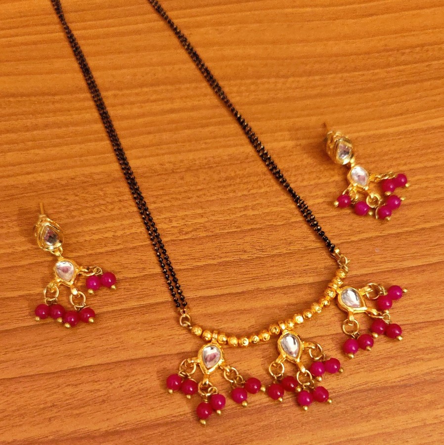 Jewellery Sanvi Jewels | Women'S Golden Beaded Kundan Look Mangalsutra - Sanvi Jewels Pink