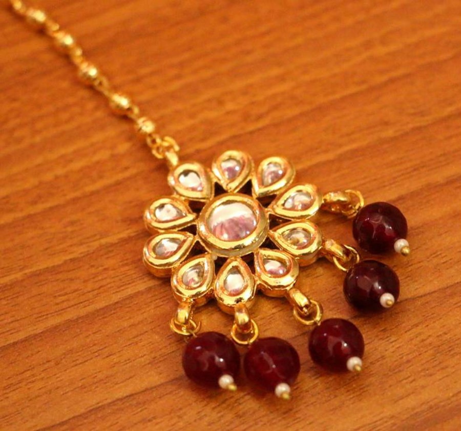 Jewellery Sanvi Jewels | Women'S Ruby Kundan Polki Gold Look Maang Tikka - Sanvi Jewels Red