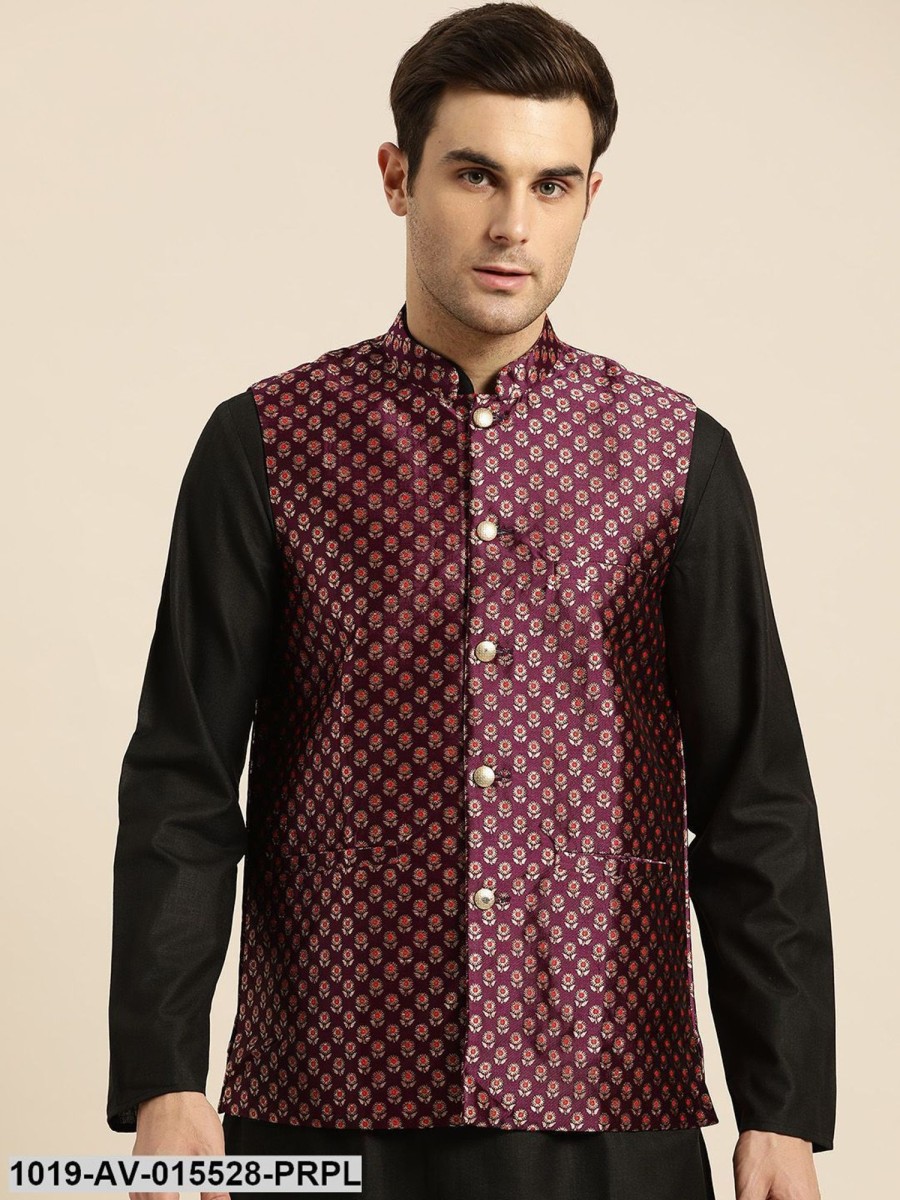 Men Sojanya | Men'S Silk Blend Wine U0026 Multi Color Self Design Nehru Jacket - Sojanya