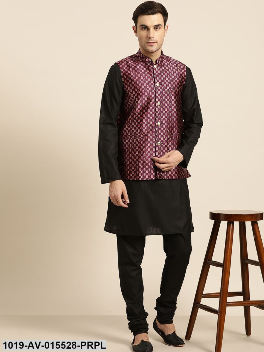 Men Sojanya | Men'S Silk Blend Wine U0026 Multi Color Self Design Nehru Jacket - Sojanya