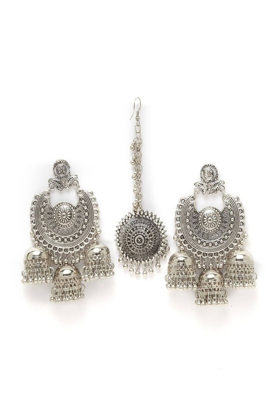 Jewellery Kamal Johar | Trendia Traditional Design Earrings U0026 Tika Jker_141 Silver