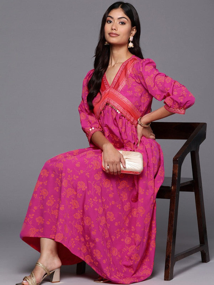 Women Ahalyaa | Women'S Floral Print Puff Sleeve A-Line Midi Dress - Ahalyaa Pink