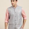 Men Sojanya | Men'S Cotton Blend Grey U0026 Navy Blue Checked Nehru Jacket - Sojanya