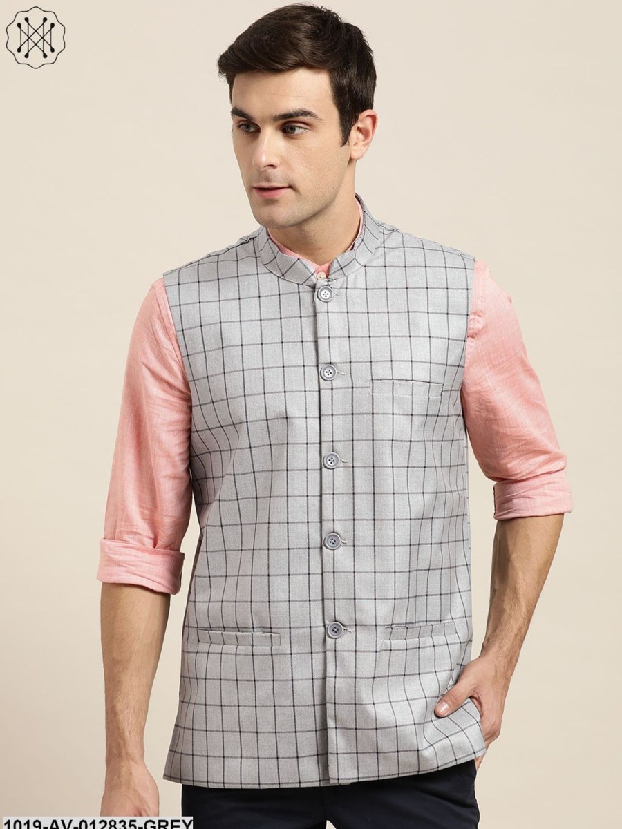 Men Sojanya | Men'S Cotton Blend Grey U0026 Navy Blue Checked Nehru Jacket - Sojanya