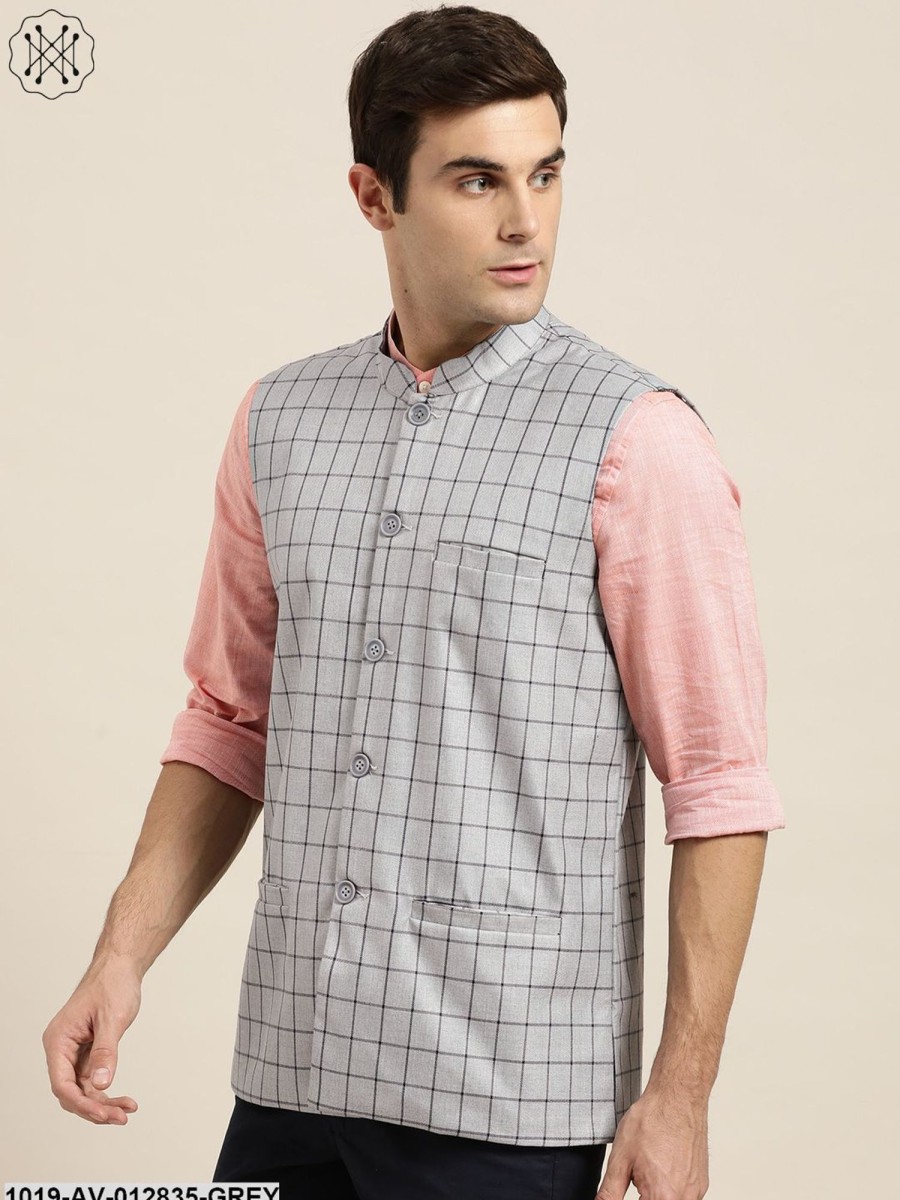 Men Sojanya | Men'S Cotton Blend Grey U0026 Navy Blue Checked Nehru Jacket - Sojanya