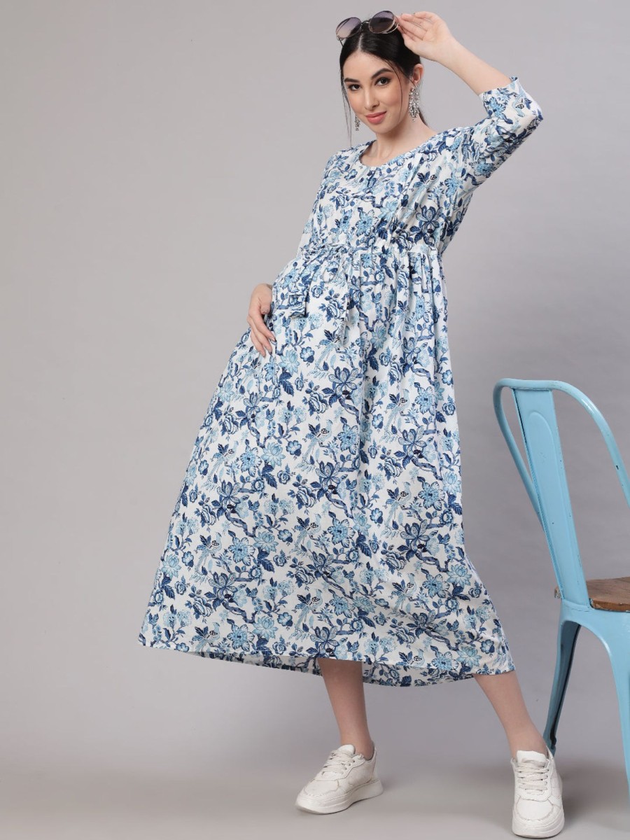 Women Nayo Clothing | Women'S Off White U0026 Blue Floral Printed Maternity Dress With Three Quarter Sleeves - Nayo Clothing