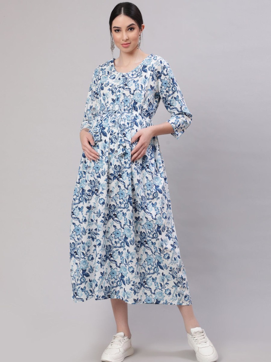 Women Nayo Clothing | Women'S Off White U0026 Blue Floral Printed Maternity Dress With Three Quarter Sleeves - Nayo Clothing