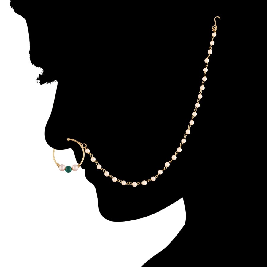 Jewellery I Jewels | Gold Plated Green Kundan Nose Ring With Pearl Chain By I Jewels