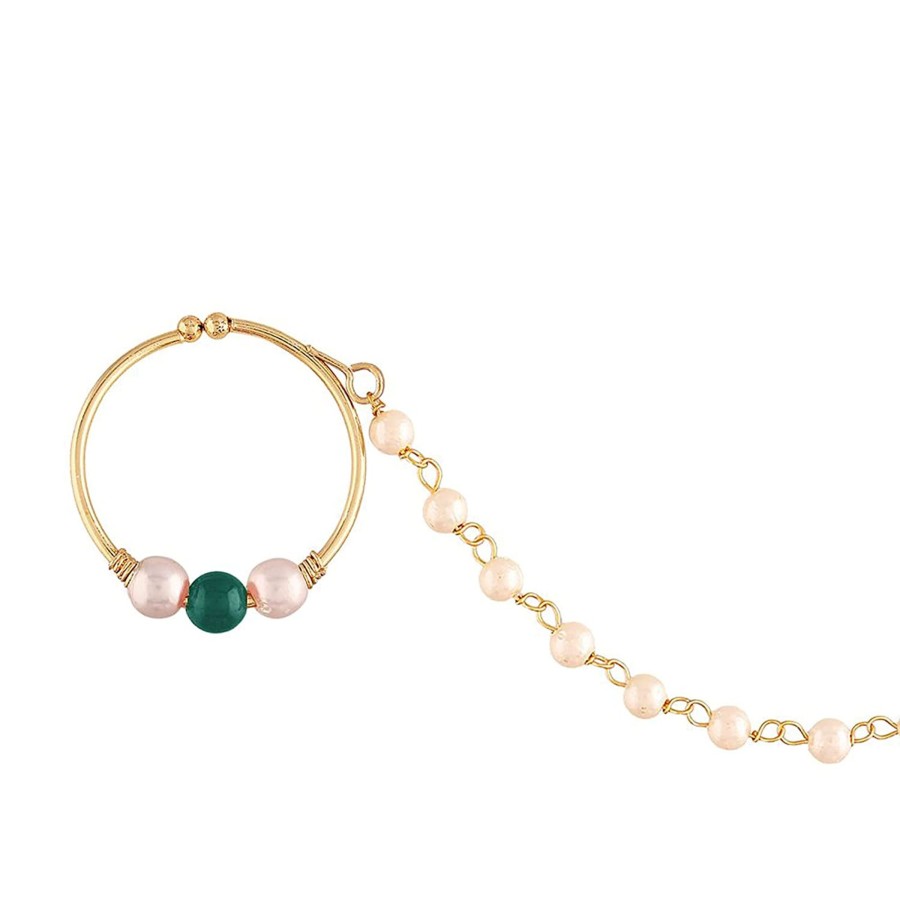 Jewellery I Jewels | Gold Plated Green Kundan Nose Ring With Pearl Chain By I Jewels