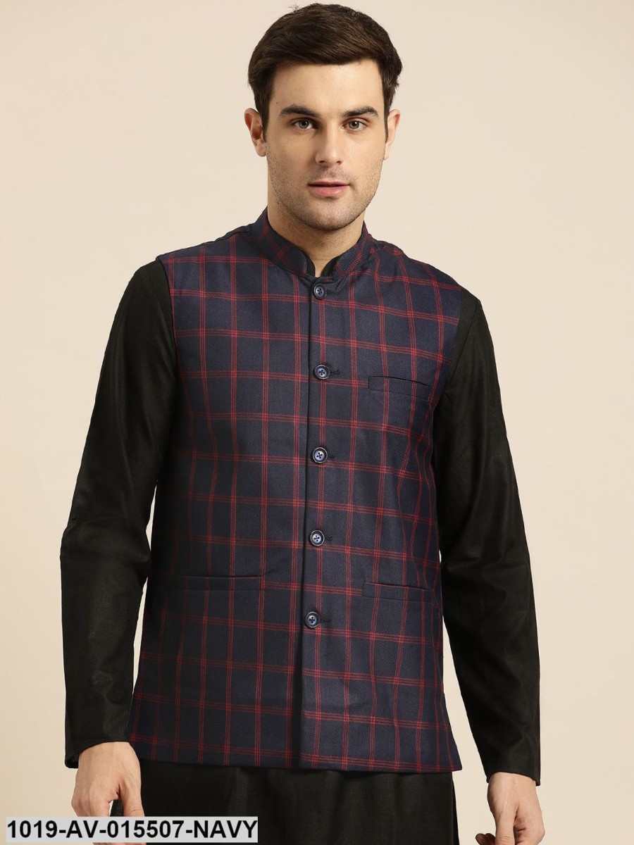 Men Sojanya | Men'S Cotton Blend Navy Blue U0026 Red Checked Nehru Jacket - Sojanya