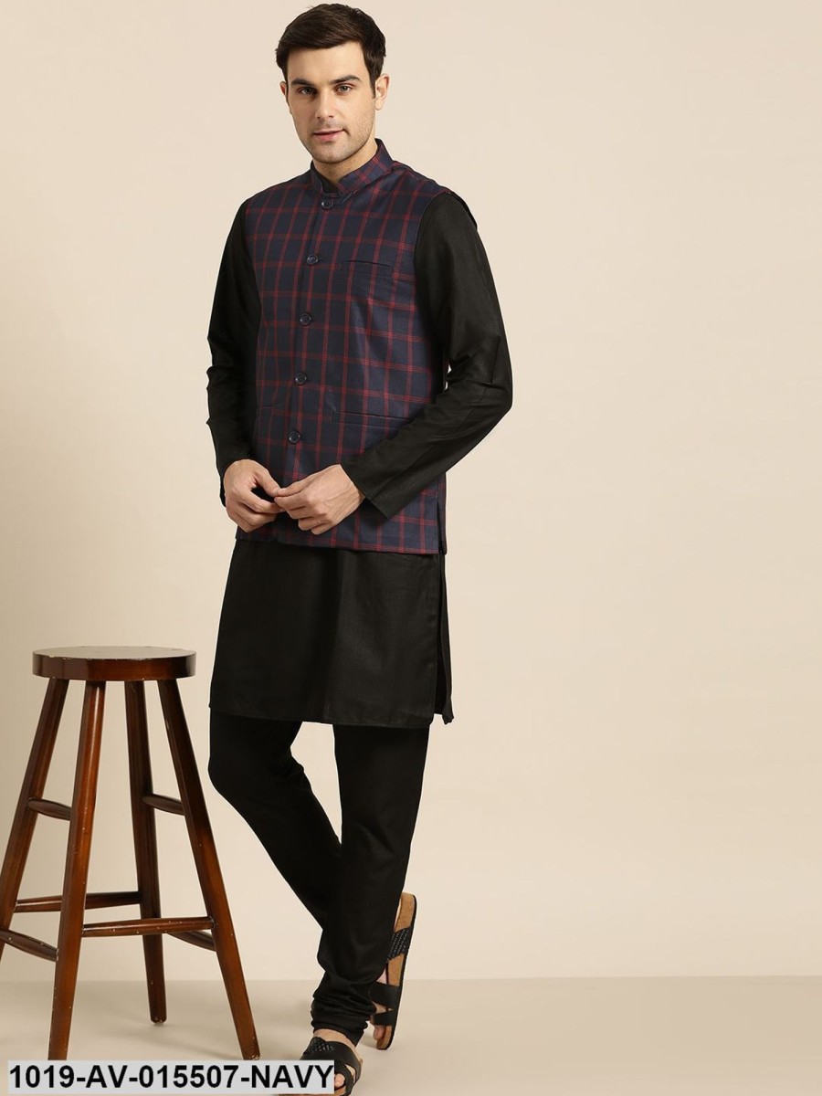 Men Sojanya | Men'S Cotton Blend Navy Blue U0026 Red Checked Nehru Jacket - Sojanya