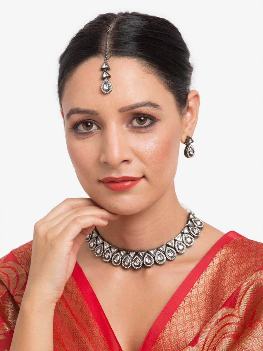 Jewellery Ruby Raang | Women'S Silver Kundan Choker With Earrings And Maang Tikka - Ruby Raang