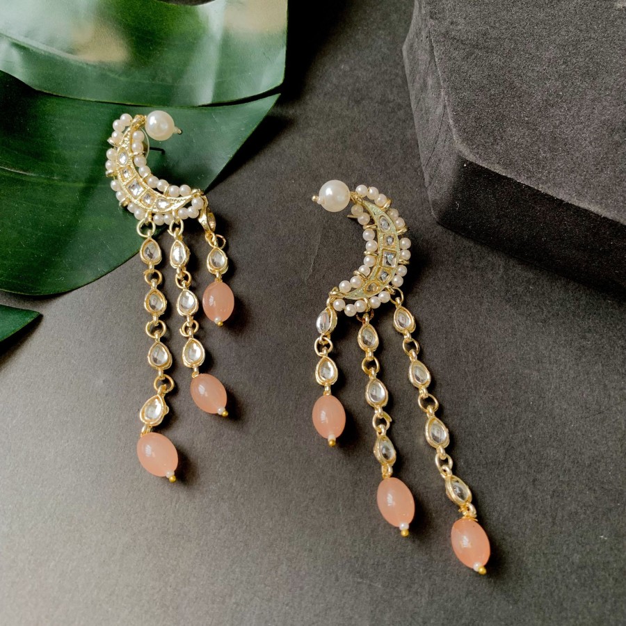 Jewellery I Jewels | Women'S 18K Gold Plated Traditional Handcrafted Pearl Kundan Beaded Earrings - I Jewels Peach