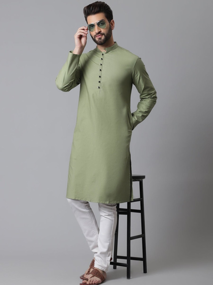 Men Even Apparels | Men'S Pure Cotton Kurta With Band Collar - Even Apparels Green