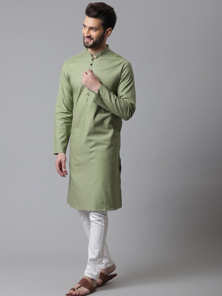 Men Even Apparels | Men'S Pure Cotton Kurta With Band Collar - Even Apparels Green