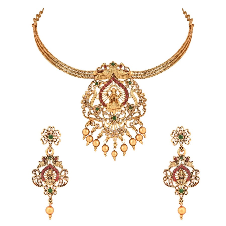 Jewellery I Jewels | Women'S Plated Traditional Temple Choker Necklace Jewellery With Earrings Set - I Jewels Gold