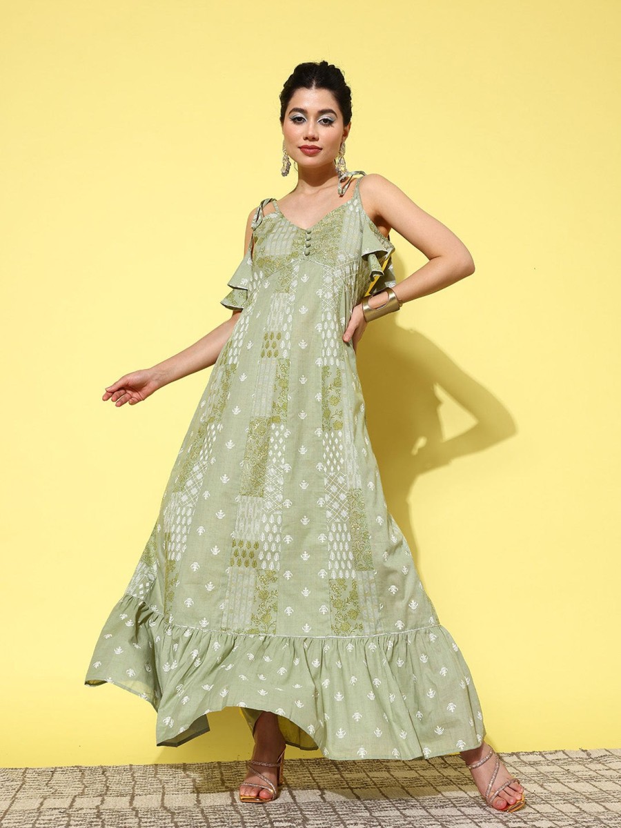 Women Yufta | Women'S Ethnic Motifs Print Cotton A-Line Maxi Dress - Yufta Green