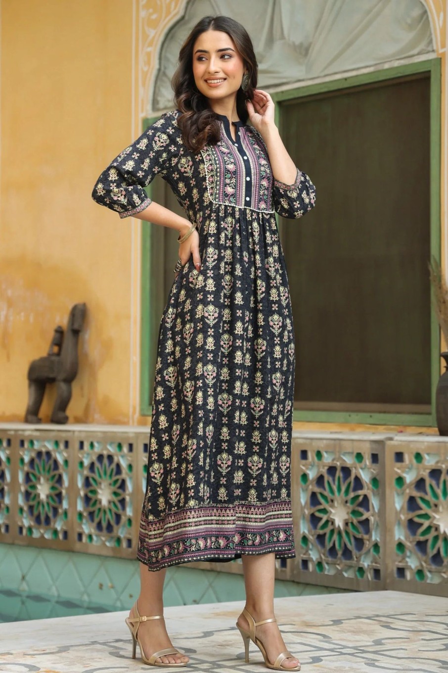 Women Final Clearance Sale | Women'S Darkblue Rayon Printed A-Line Dress - Final Clearance Sale