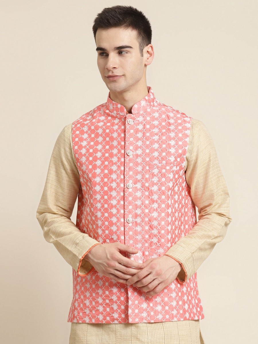 Men Sojanya | Men'S Silk Blend Embroidered Only Nehrujacket - Sojanya Peach