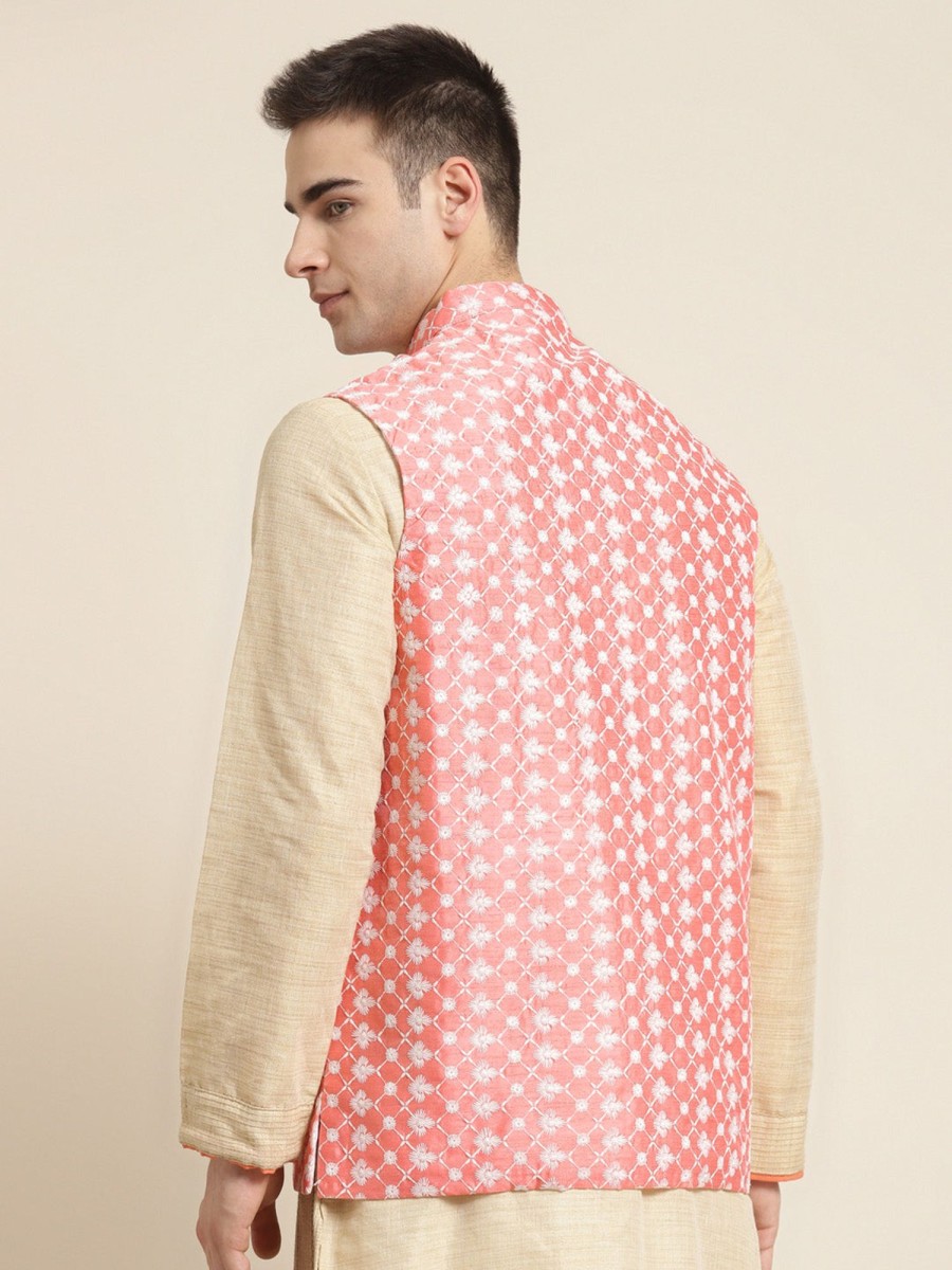 Men Sojanya | Men'S Silk Blend Embroidered Only Nehrujacket - Sojanya Peach