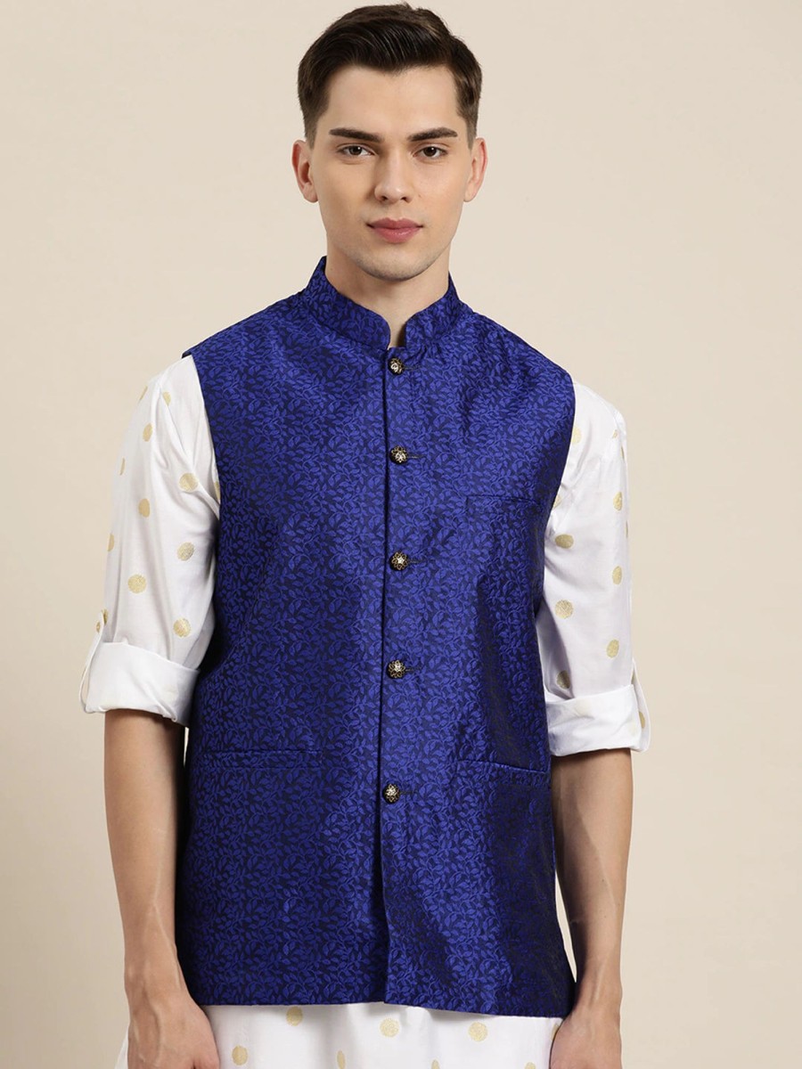 Men Sojanya | Men'S Jacquard Silk Royal Self Design Only Nehrujacket - Sojanya Blue