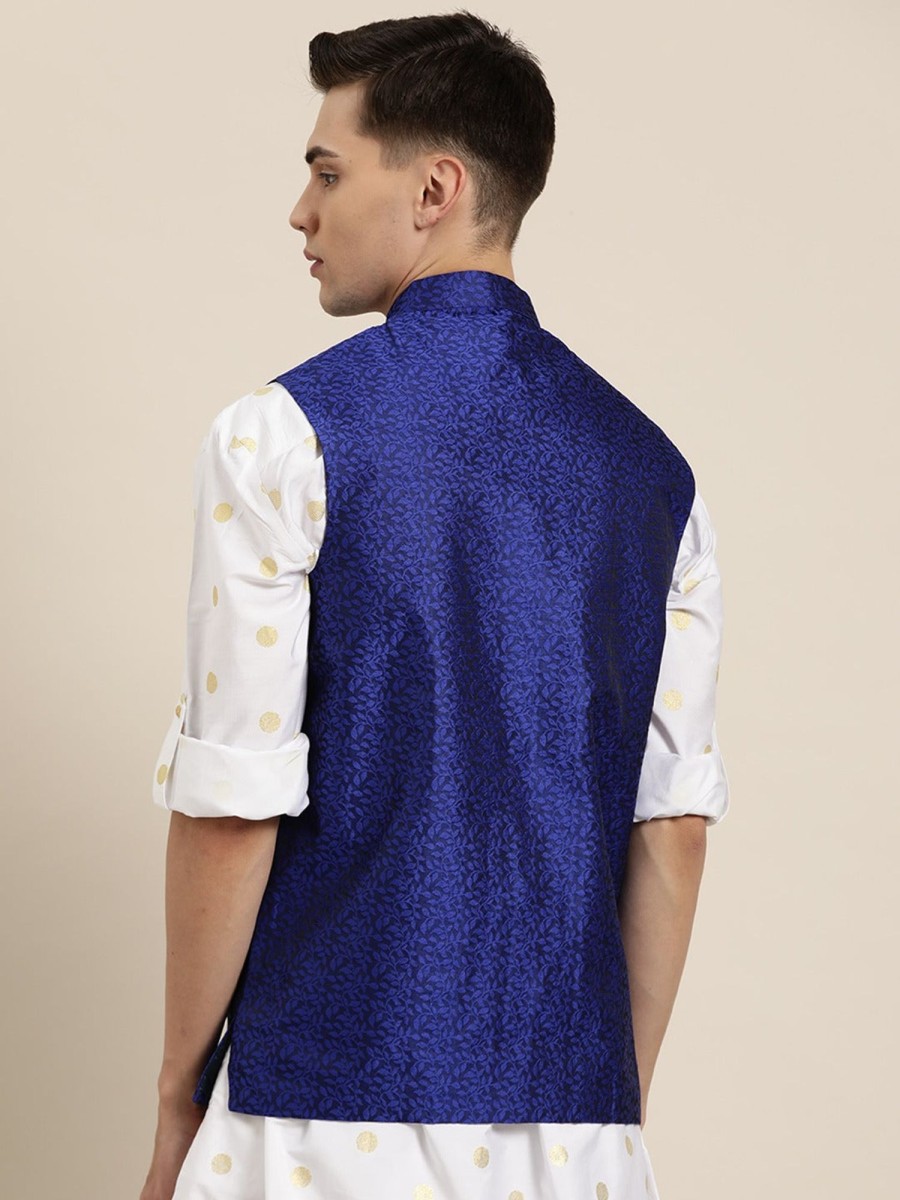 Men Sojanya | Men'S Jacquard Silk Royal Self Design Only Nehrujacket - Sojanya Blue