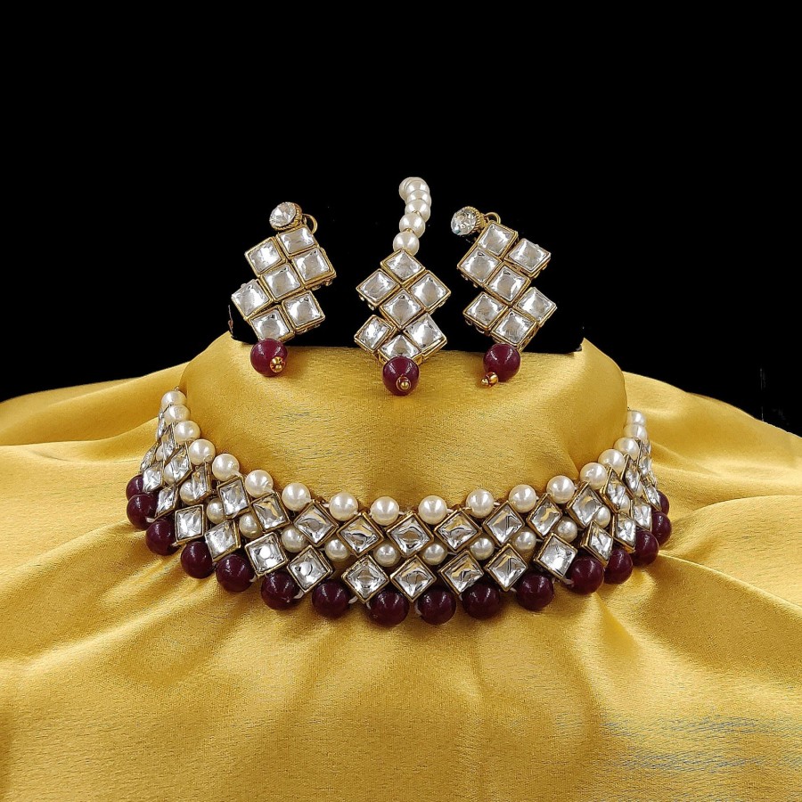 Jewellery Zaffre Collections | Women'S Stylish Kundan And Light Blue Choker Set - Zaffre Collections Magenta