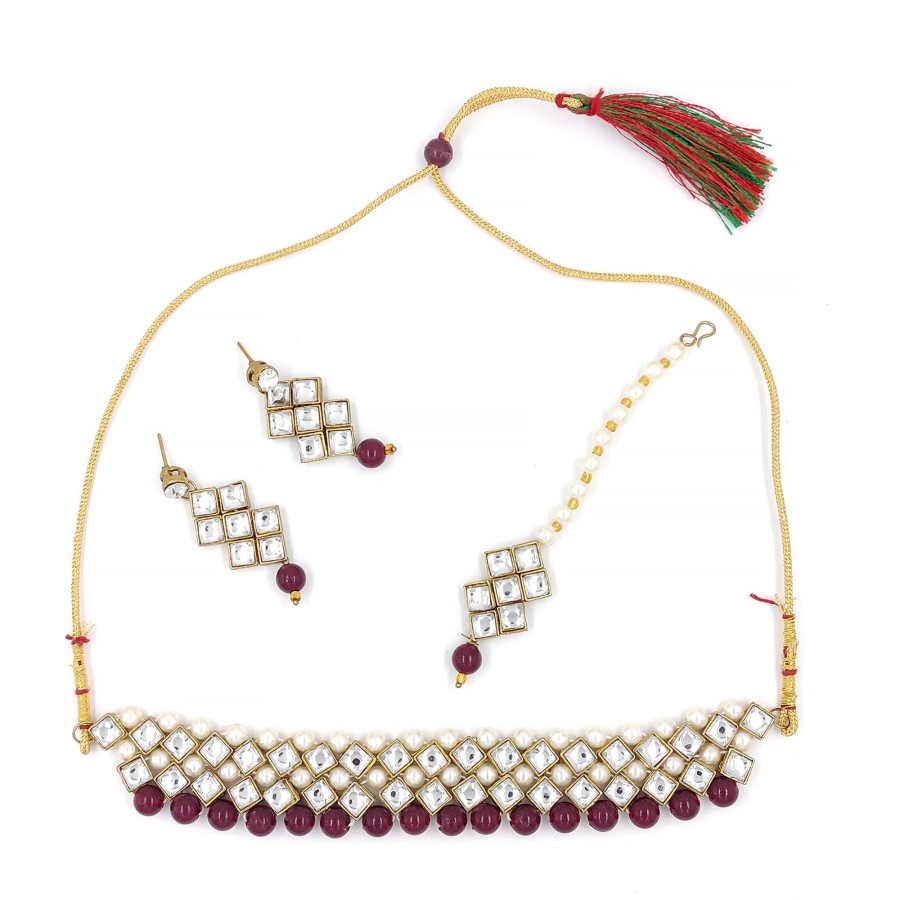 Jewellery Zaffre Collections | Women'S Stylish Kundan And Light Blue Choker Set - Zaffre Collections Magenta