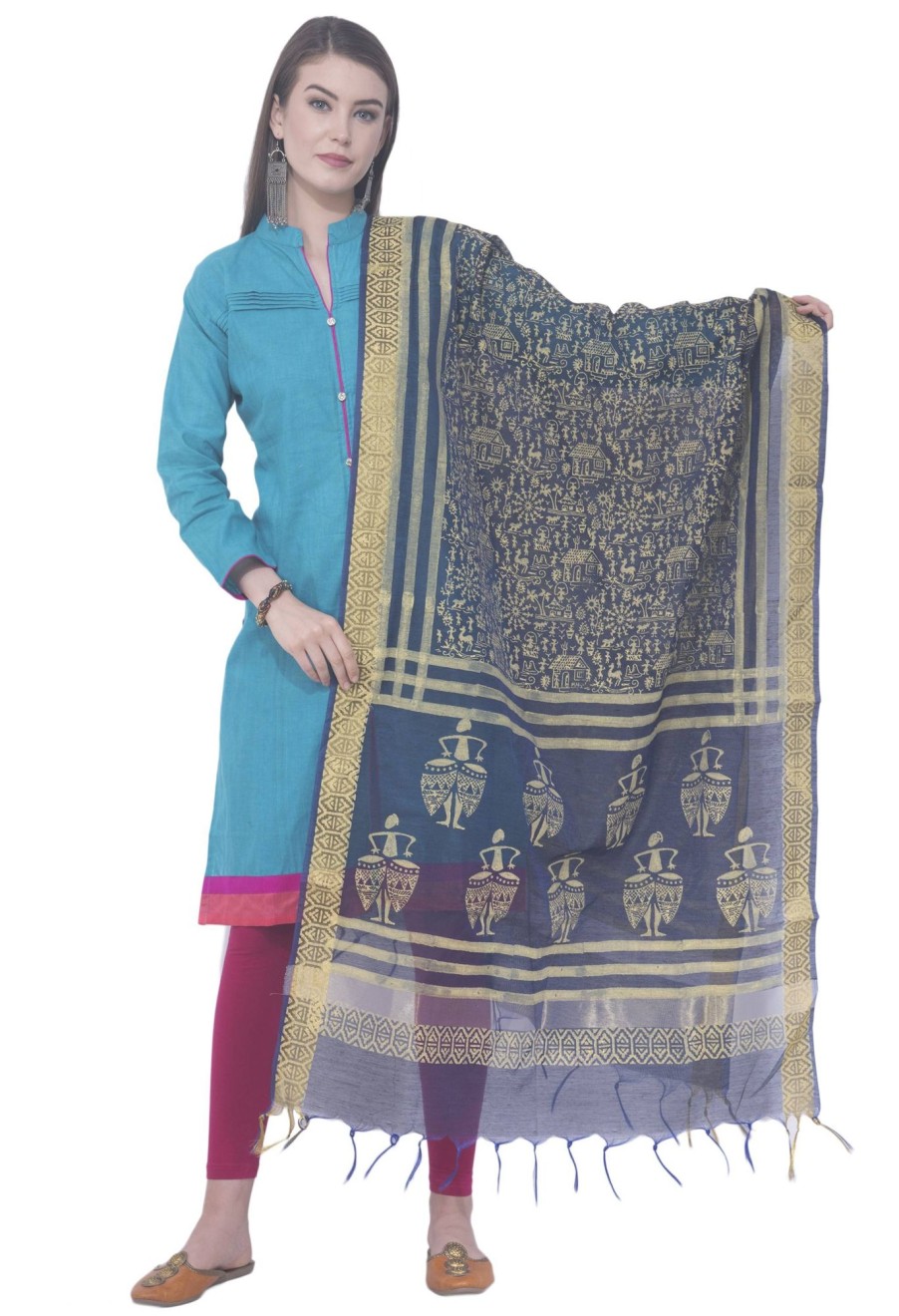 Women AR Silks | A R Silk Color Chanderi Block Print Chanderi Cotton Dupattas And Chunnis Navy Blue