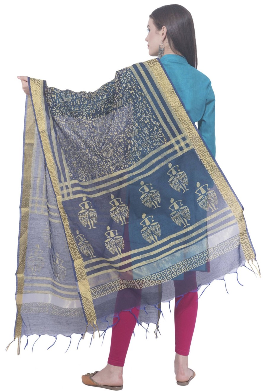 Women AR Silks | A R Silk Color Chanderi Block Print Chanderi Cotton Dupattas And Chunnis Navy Blue