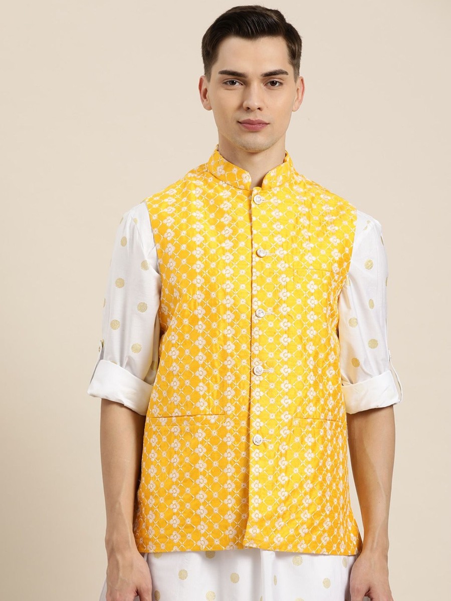 Men Sojanya | Men'S Silk Blend Embroidered Only Nehrujacket - Sojanya Yellow