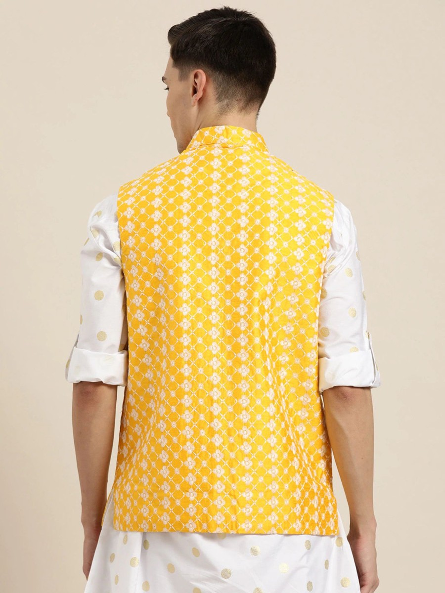 Men Sojanya | Men'S Silk Blend Embroidered Only Nehrujacket - Sojanya Yellow