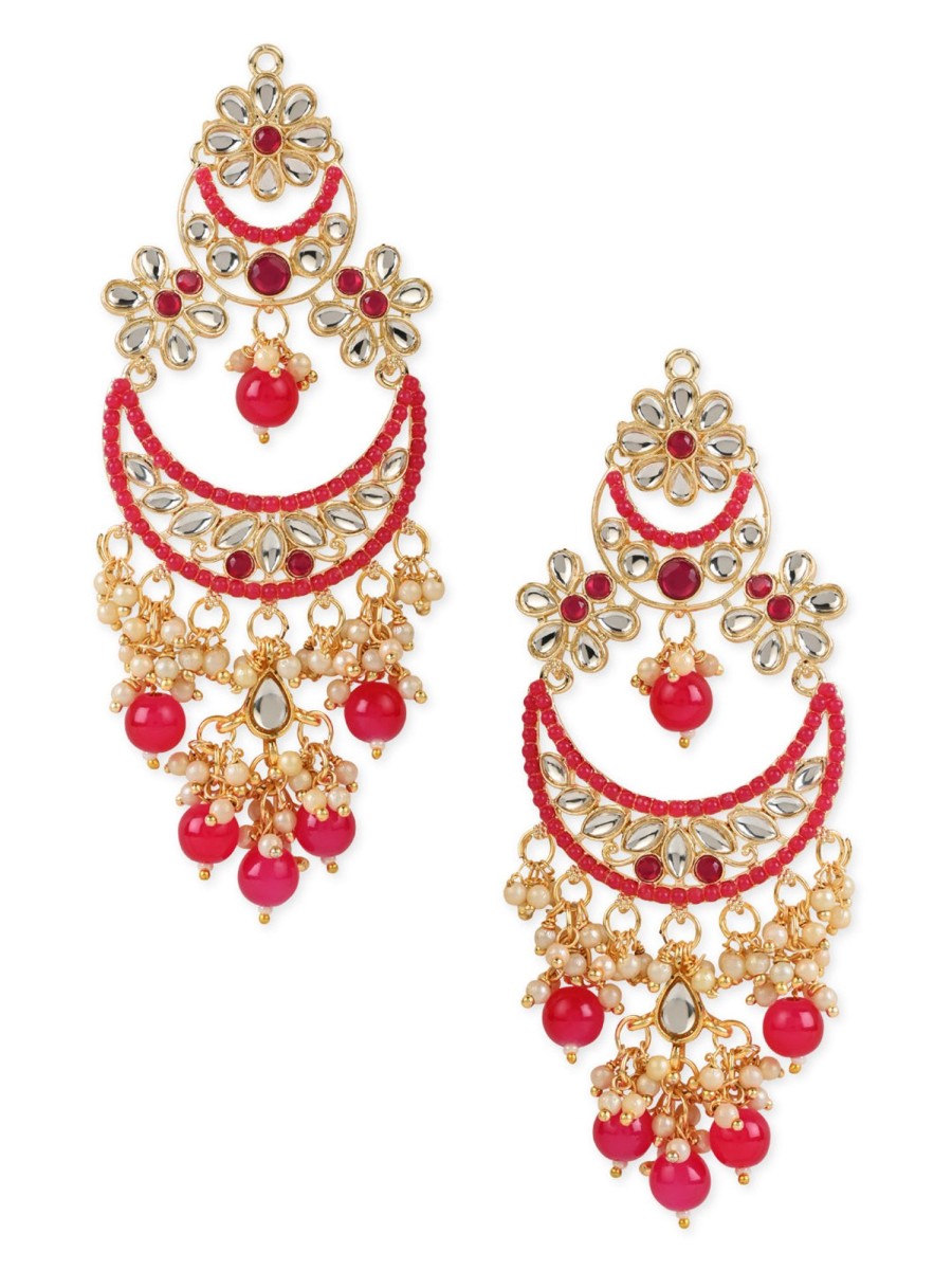 Jewellery I Jewels | Women'S 18K Gold Plated Traditional Handcrafted Pearl Kundan Beaded Chandbali Earrings (E3054Q) - I Jewels Pink