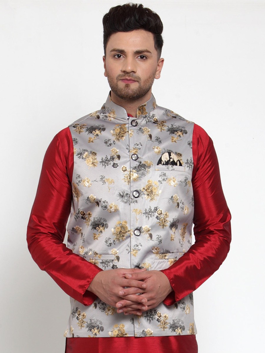 Men Virat Fashions | Men'S Grey Printed Nehru Jacket ( Jowc 4014Grey ) - Virat Fashions