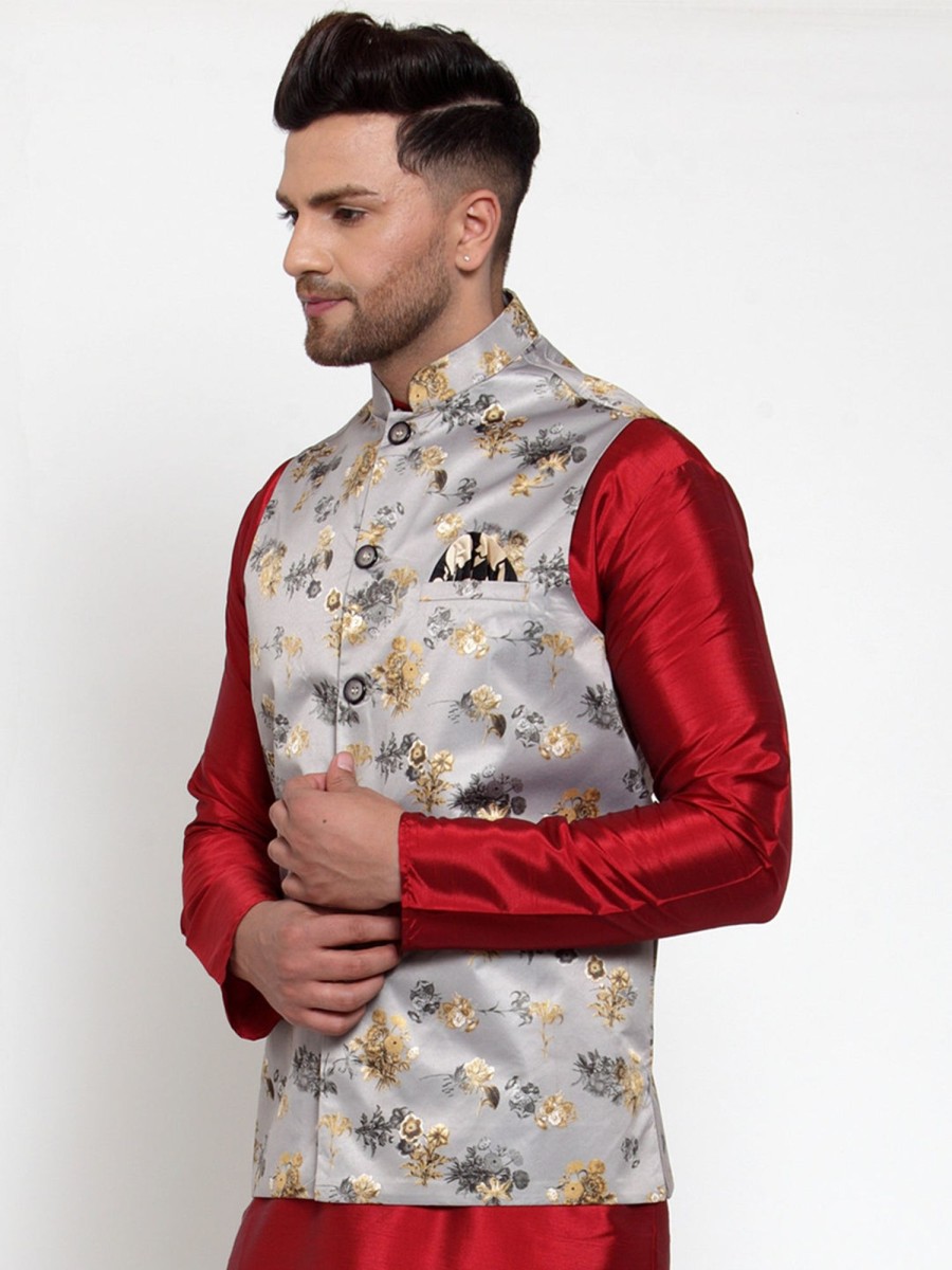 Men Virat Fashions | Men'S Grey Printed Nehru Jacket ( Jowc 4014Grey ) - Virat Fashions